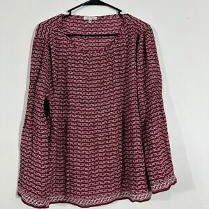 Max Studio Blouse Top Medium Burgundy Heart Print‎ Long Sleeve Boho Womens